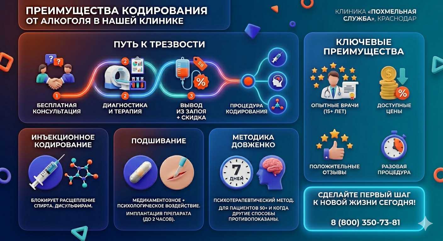 Инфографика о методах кодирования от алкоголя в Бугуруслане: инъекции, подшивание, метод Довженко. Преимущества клиники и этапы лечения.